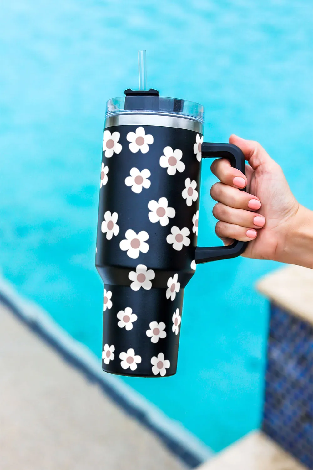 Dark Grey Floret Print Stainless Tumbler With Lid And Straw