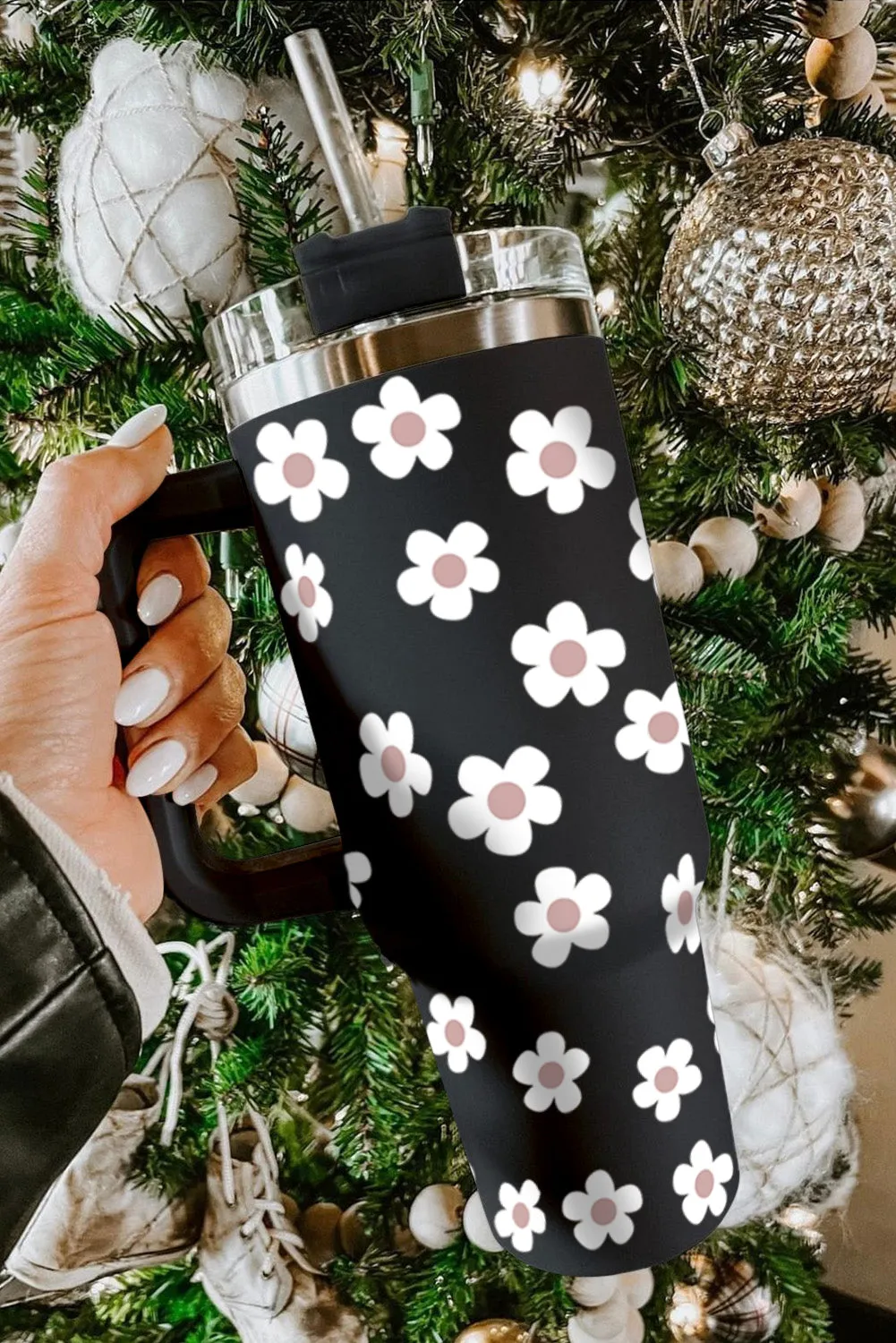 Dark Grey Floret Print Stainless Tumbler With Lid And Straw