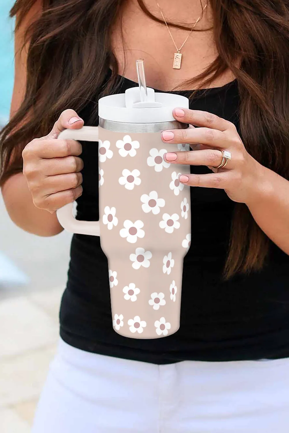 Dark Grey Floret Print Stainless Tumbler With Lid And Straw