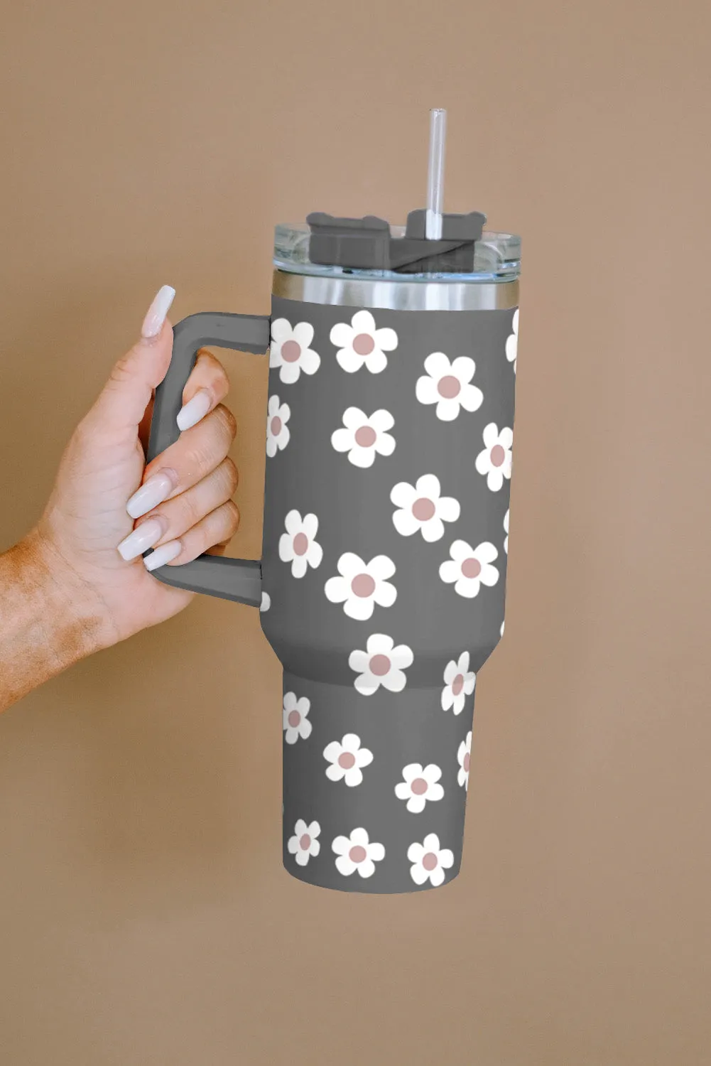 Dark Grey Floret Print Stainless Tumbler With Lid And Straw