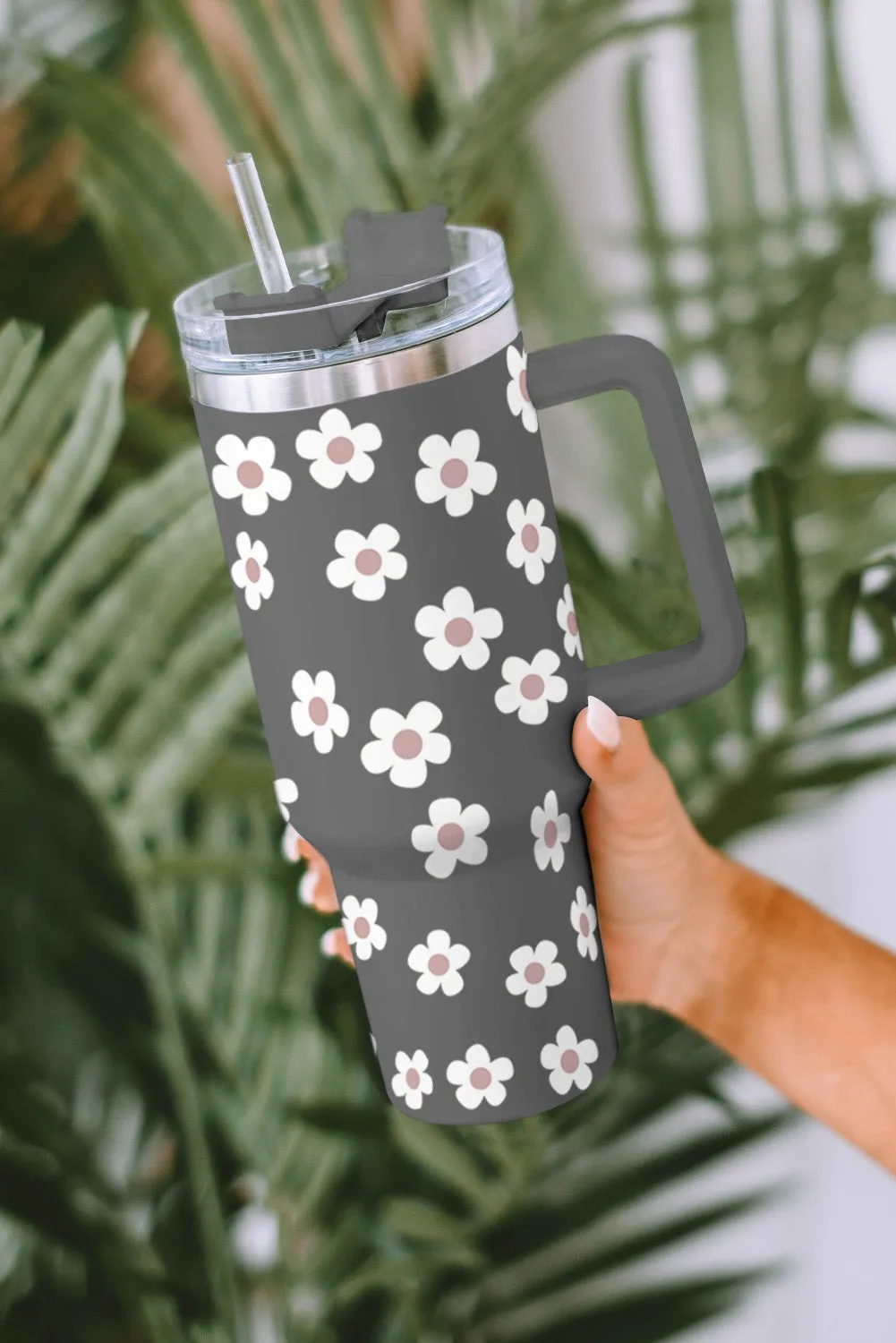 Dark Grey Floret Print Stainless Tumbler With Lid And Straw
