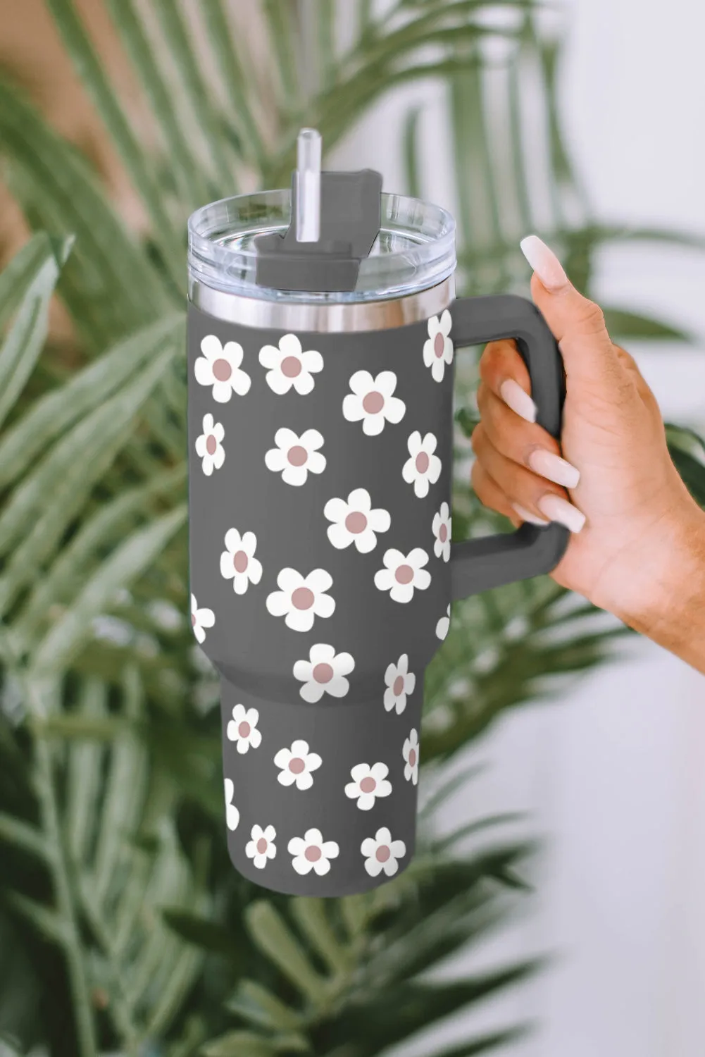 Dark Grey Floret Print Stainless Tumbler With Lid And Straw