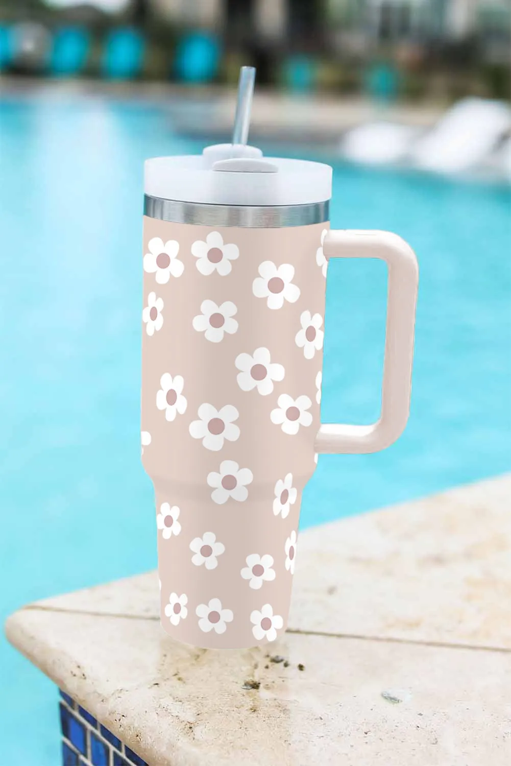 Dark Grey Floret Print Stainless Tumbler With Lid And Straw