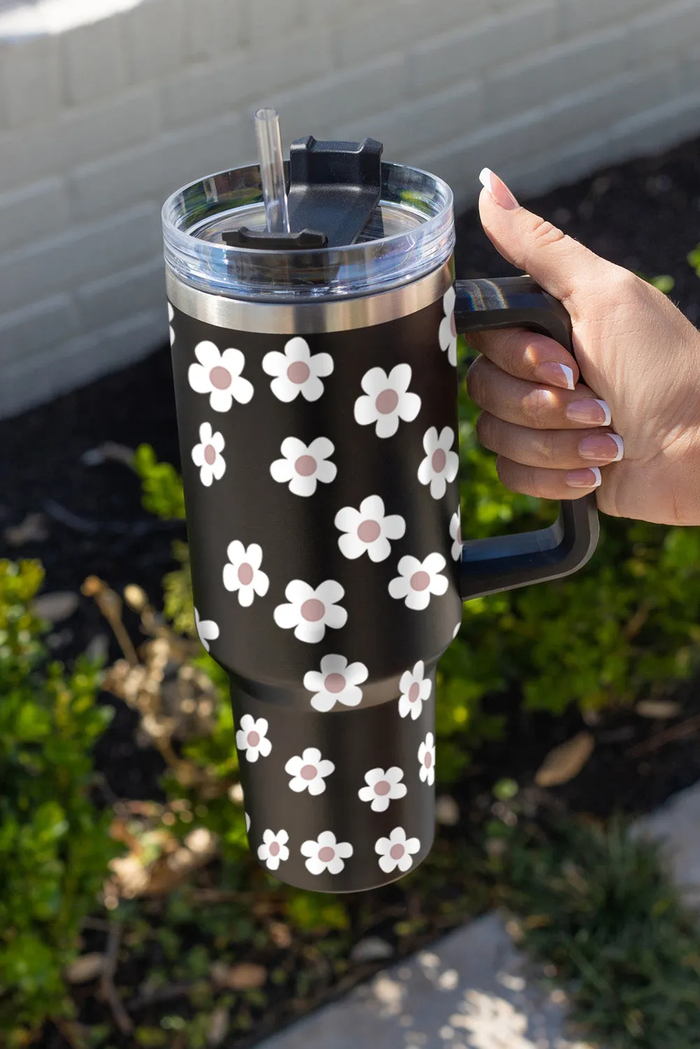 Dark Grey Floret Print Stainless Tumbler With Lid And Straw