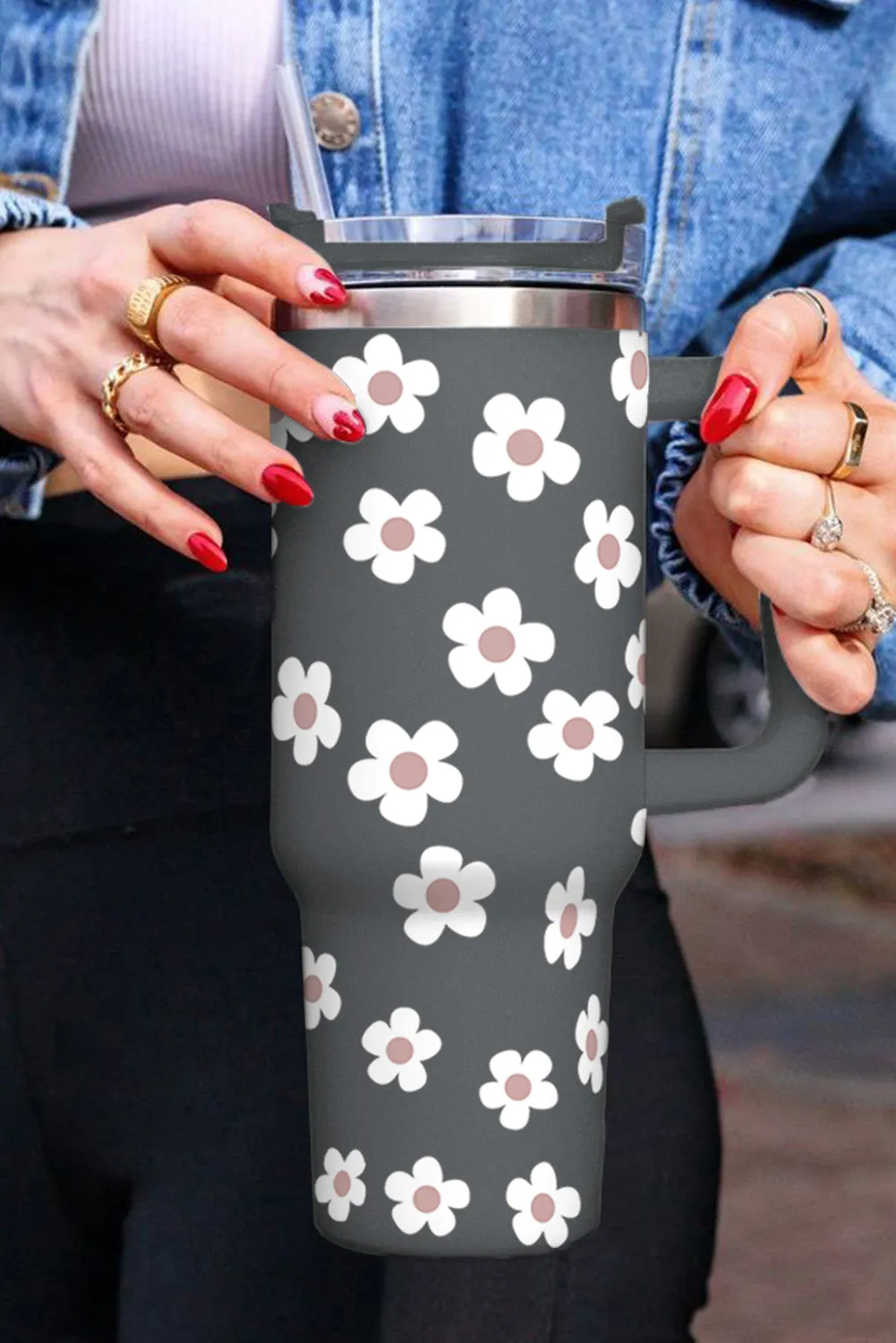 Dark Grey Floret Print Stainless Tumbler With Lid And Straw