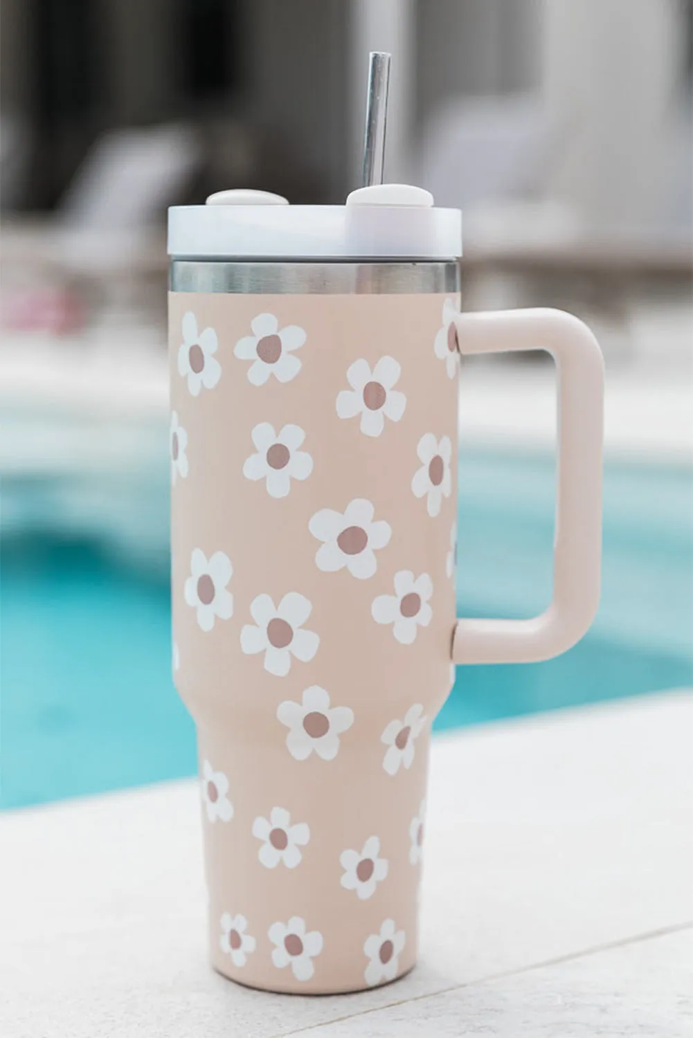 Dark Grey Floret Print Stainless Tumbler With Lid And Straw