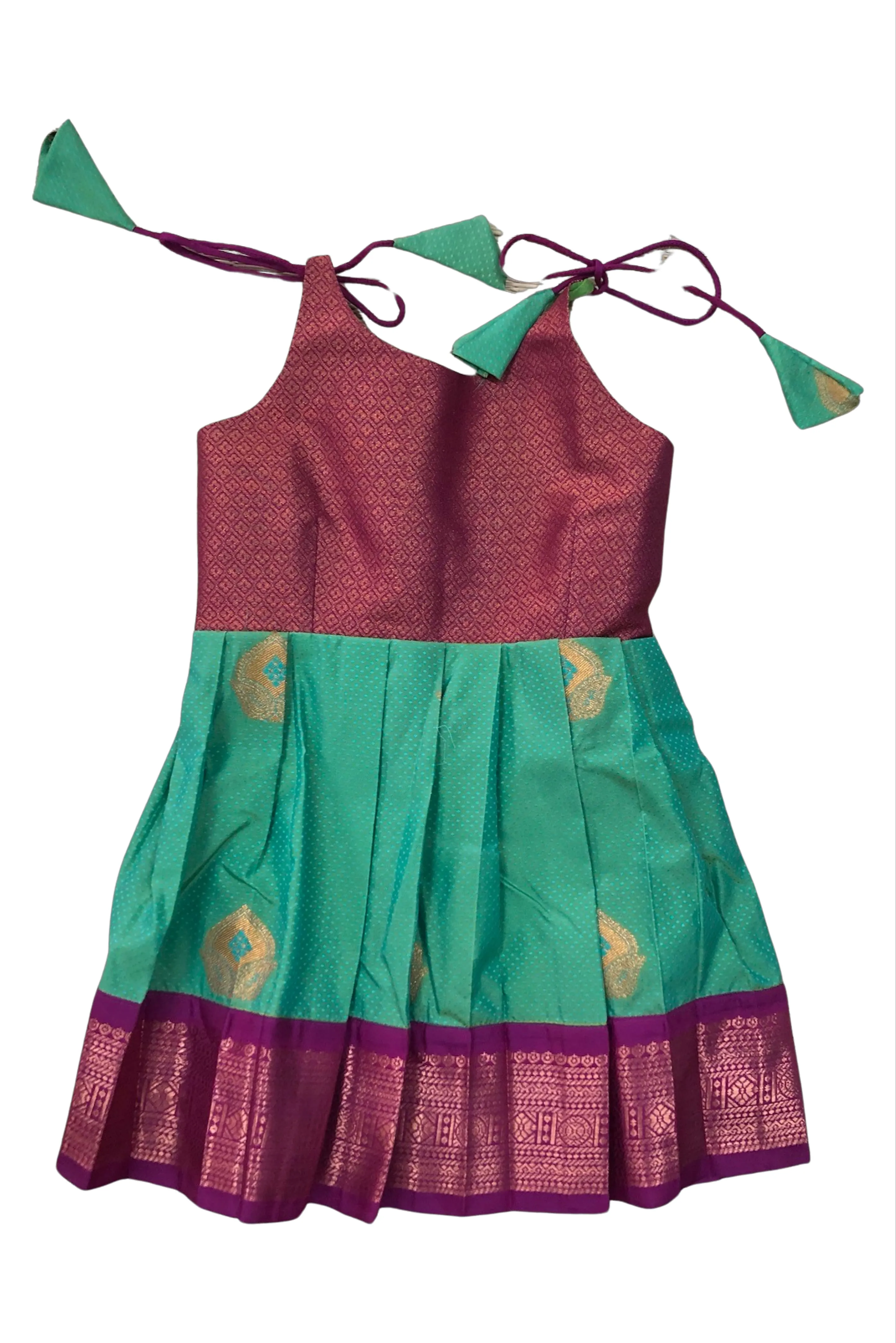 Deep Pink and Green Silk Tie-Up Frock with Gold Accents - Vibrant Party Dress