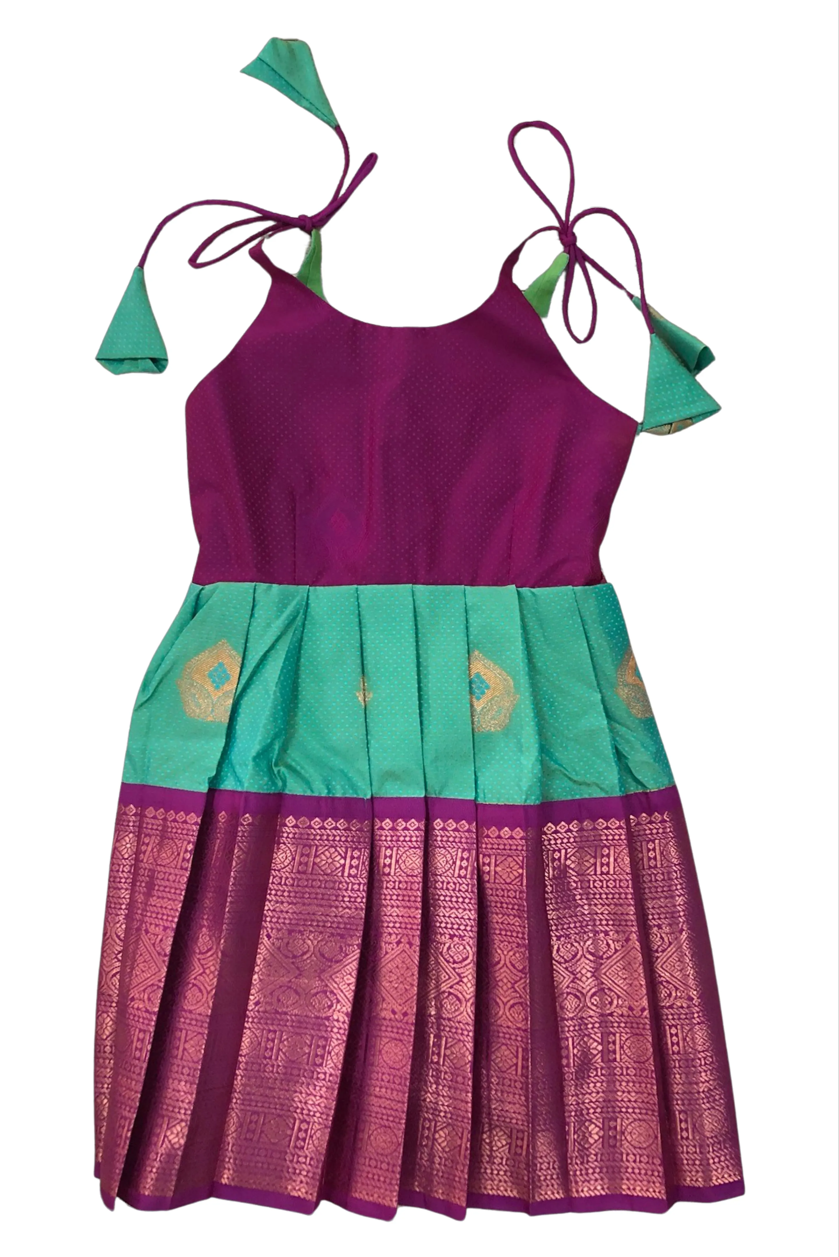 Deep Pink and Green Silk Tie-Up Frock with Gold Accents - Vibrant Party Dress