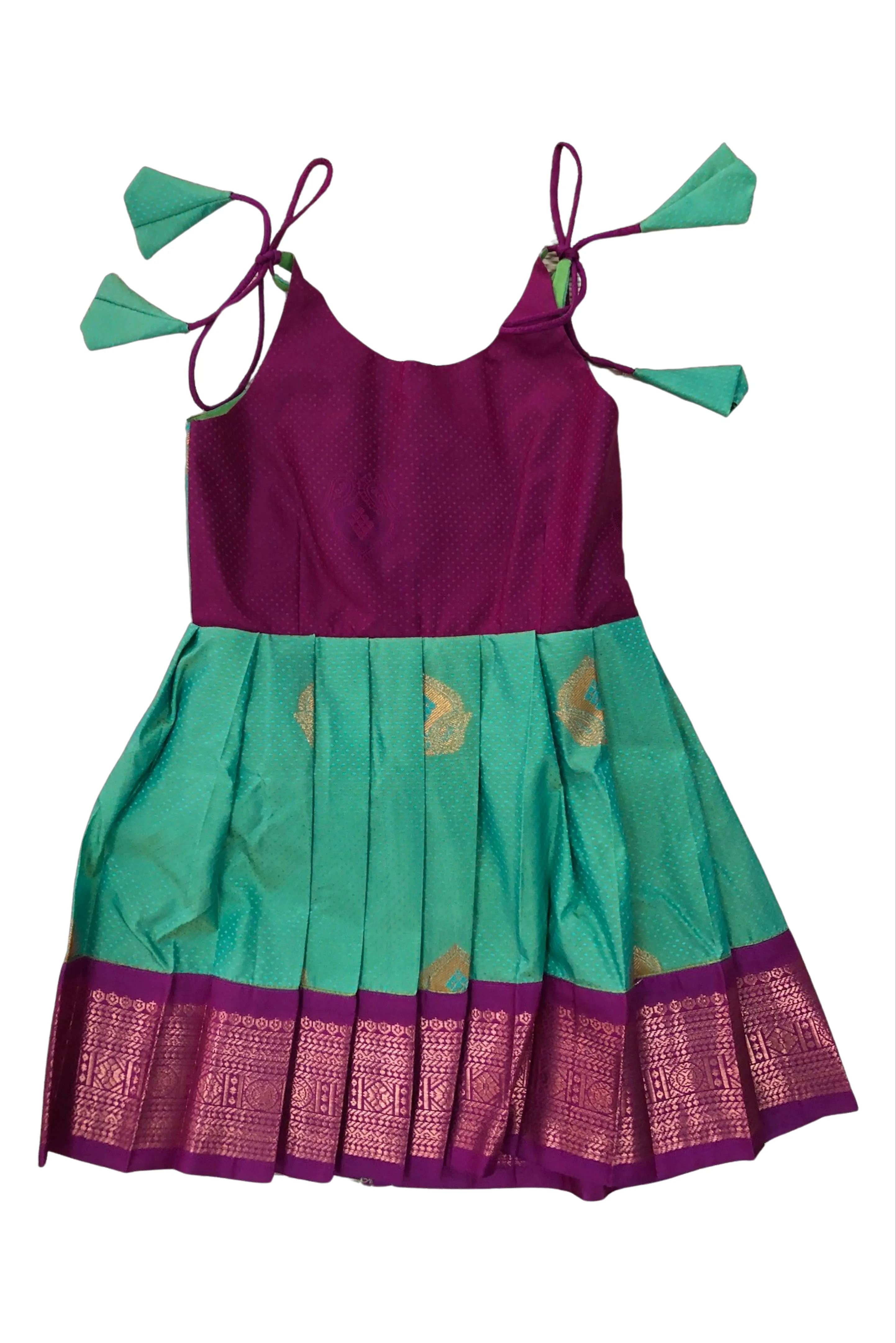 Deep Pink and Green Silk Tie-Up Frock with Gold Accents - Vibrant Party Dress