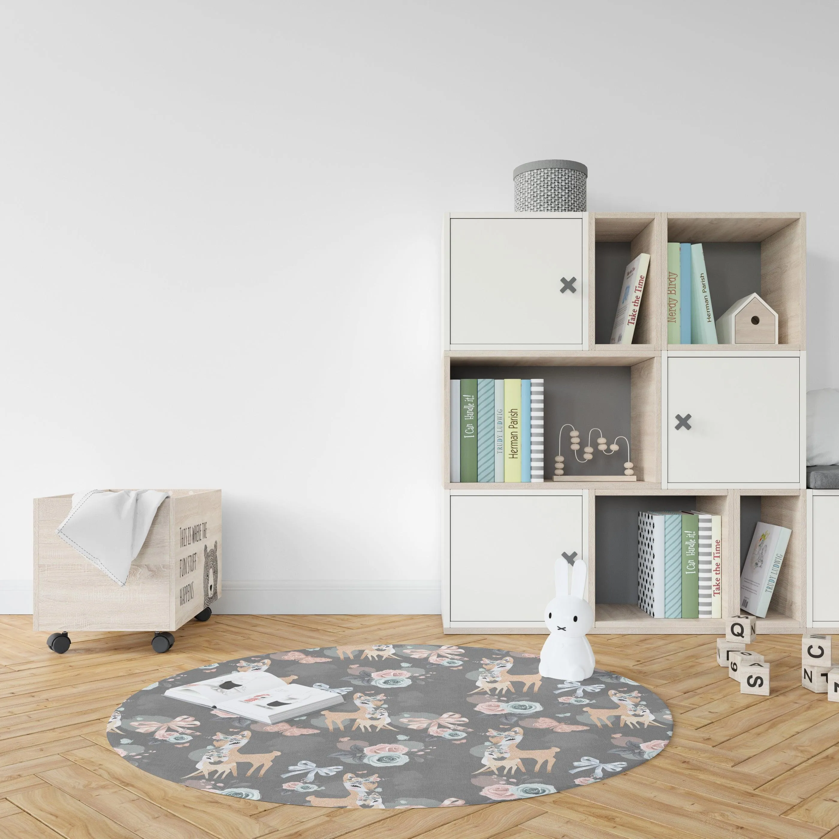Deer Grey Floral Circular Playmat/ Rug