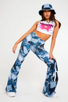 Denim Patchwork Print Flares