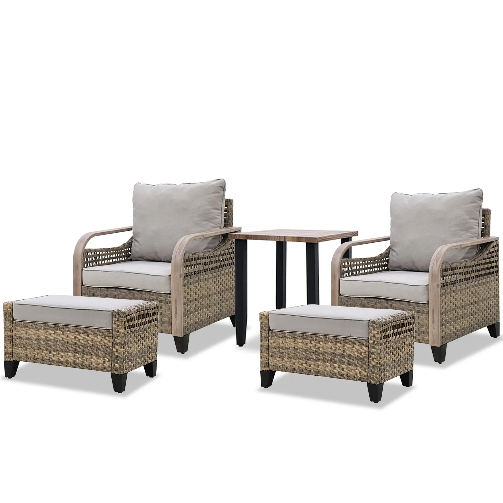 EAGLE PEAK 5 Piece Wicker Outdoor Patio Furniture Set, Patio Set with 2 Patio Chairs, Side Table, and 2 Ottomans, Brown/Gray