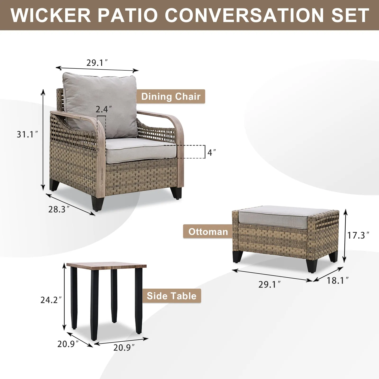 EAGLE PEAK 5 Piece Wicker Outdoor Patio Furniture Set, Patio Set with 2 Patio Chairs, Side Table, and 2 Ottomans, Brown/Gray