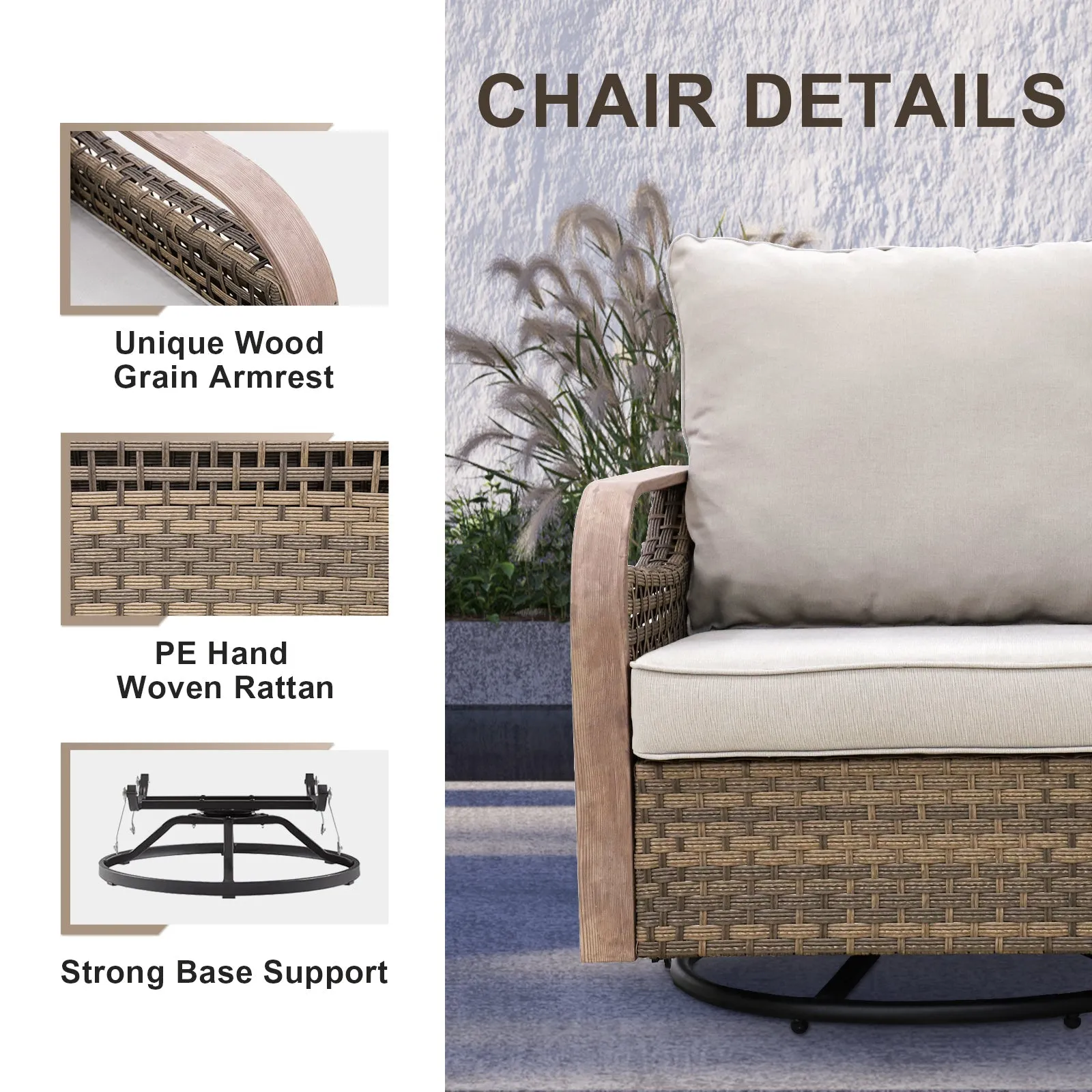 EAGLE PEAK 5 Piece Wicker Outdoor Patio Furniture Set, Patio Set with 2 Swivel Rocking Chairs, 2 Seat Loveseat Sofa, Coffee Table, and Side Table, Brown/Gray