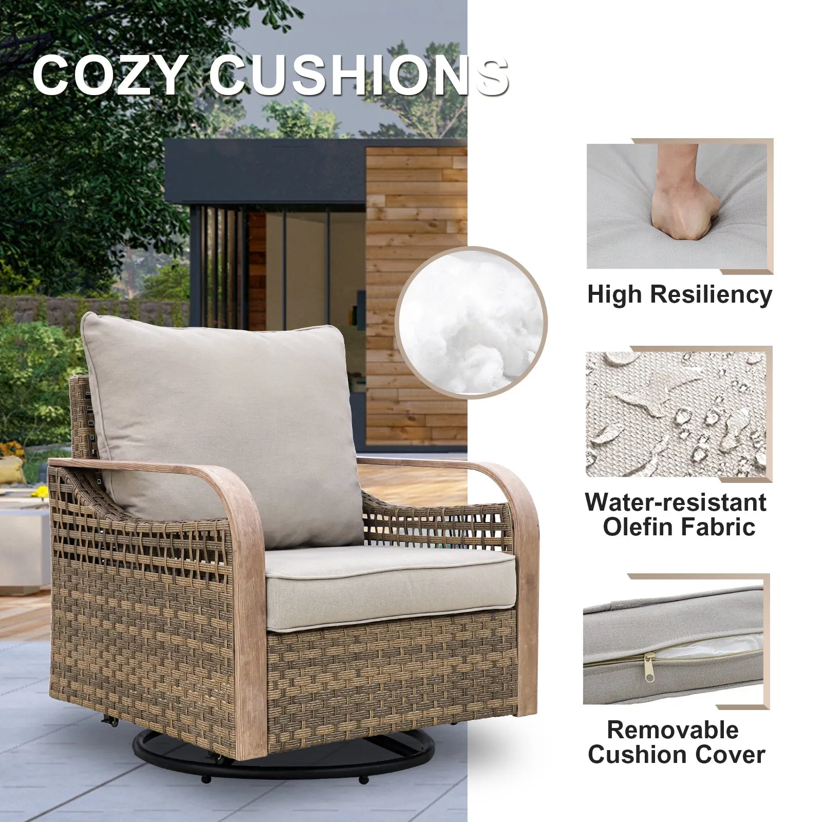 EAGLE PEAK 5 Piece Wicker Outdoor Patio Furniture Set, Patio Set with 2 Swivel Rocking Chairs, 2 Seat Loveseat Sofa, Coffee Table, and Side Table, Brown/Gray