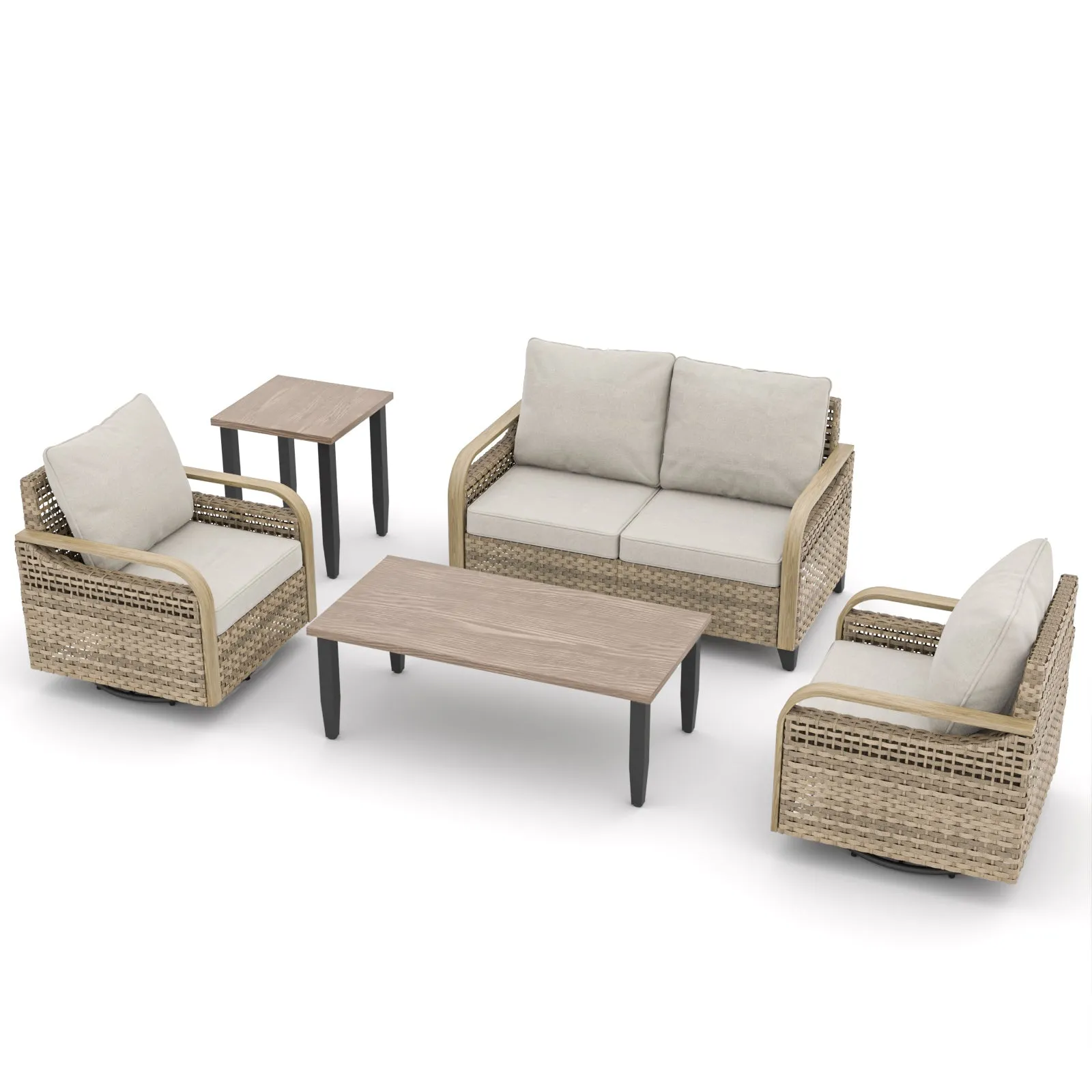 EAGLE PEAK 5 Piece Wicker Outdoor Patio Furniture Set, Patio Set with 2 Swivel Rocking Chairs, 2 Seat Loveseat Sofa, Coffee Table, and Side Table, Brown/Gray