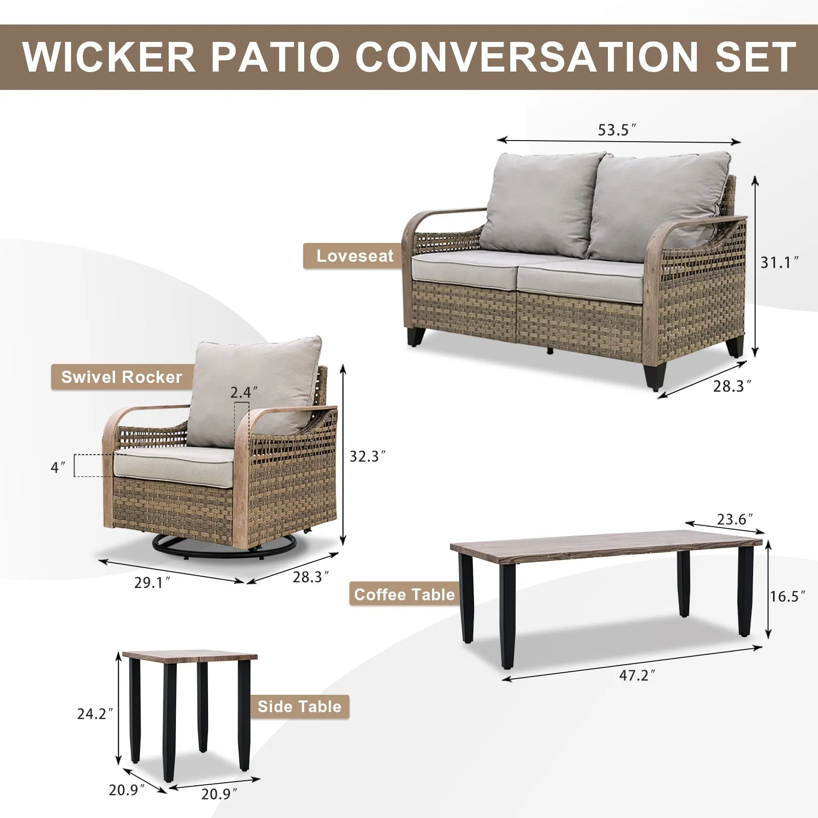 EAGLE PEAK 5 Piece Wicker Outdoor Patio Furniture Set, Patio Set with 2 Swivel Rocking Chairs, 2 Seat Loveseat Sofa, Coffee Table, and Side Table, Brown/Gray