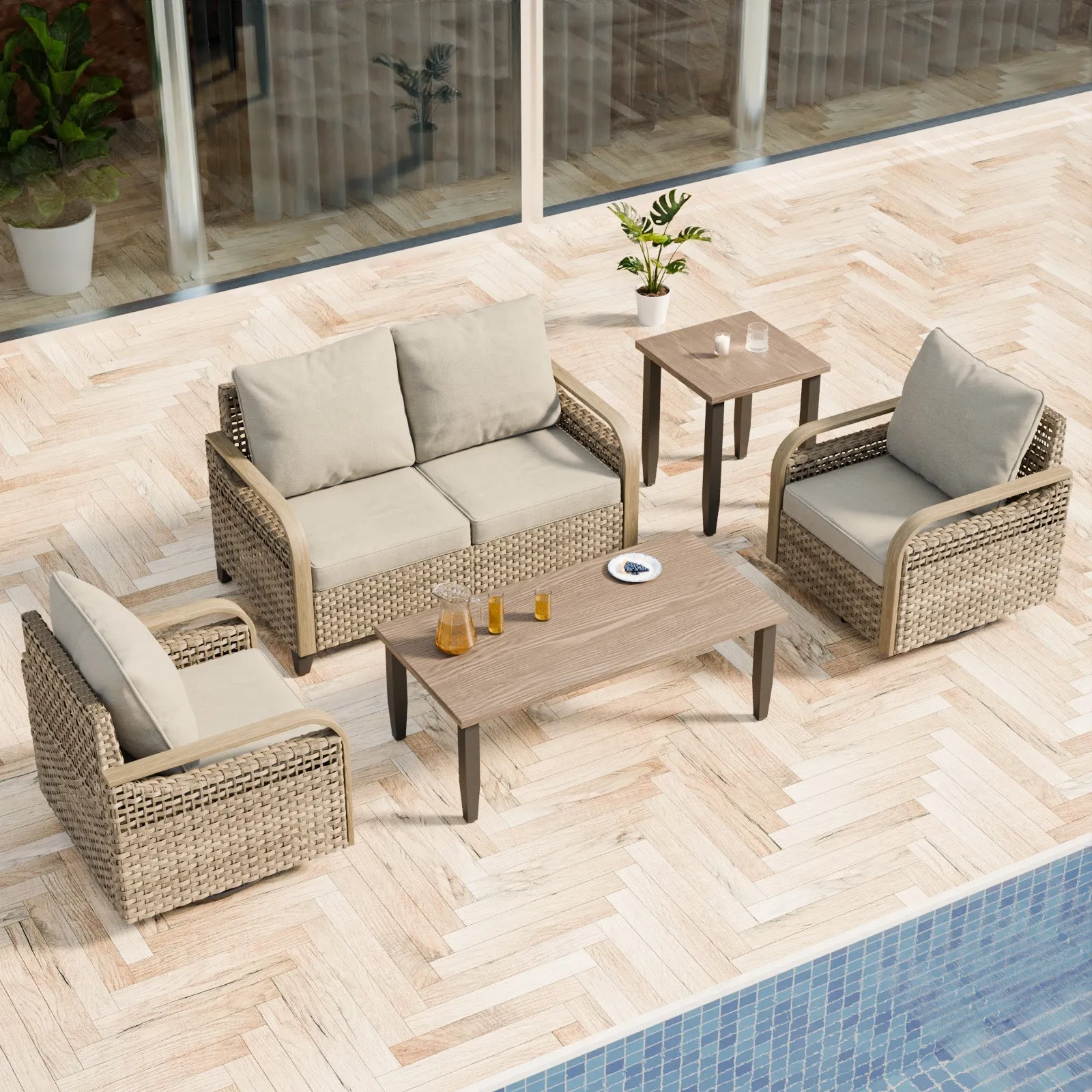 EAGLE PEAK 5 Piece Wicker Outdoor Patio Furniture Set, Patio Set with 2 Swivel Rocking Chairs, 2 Seat Loveseat Sofa, Coffee Table, and Side Table, Brown/Gray