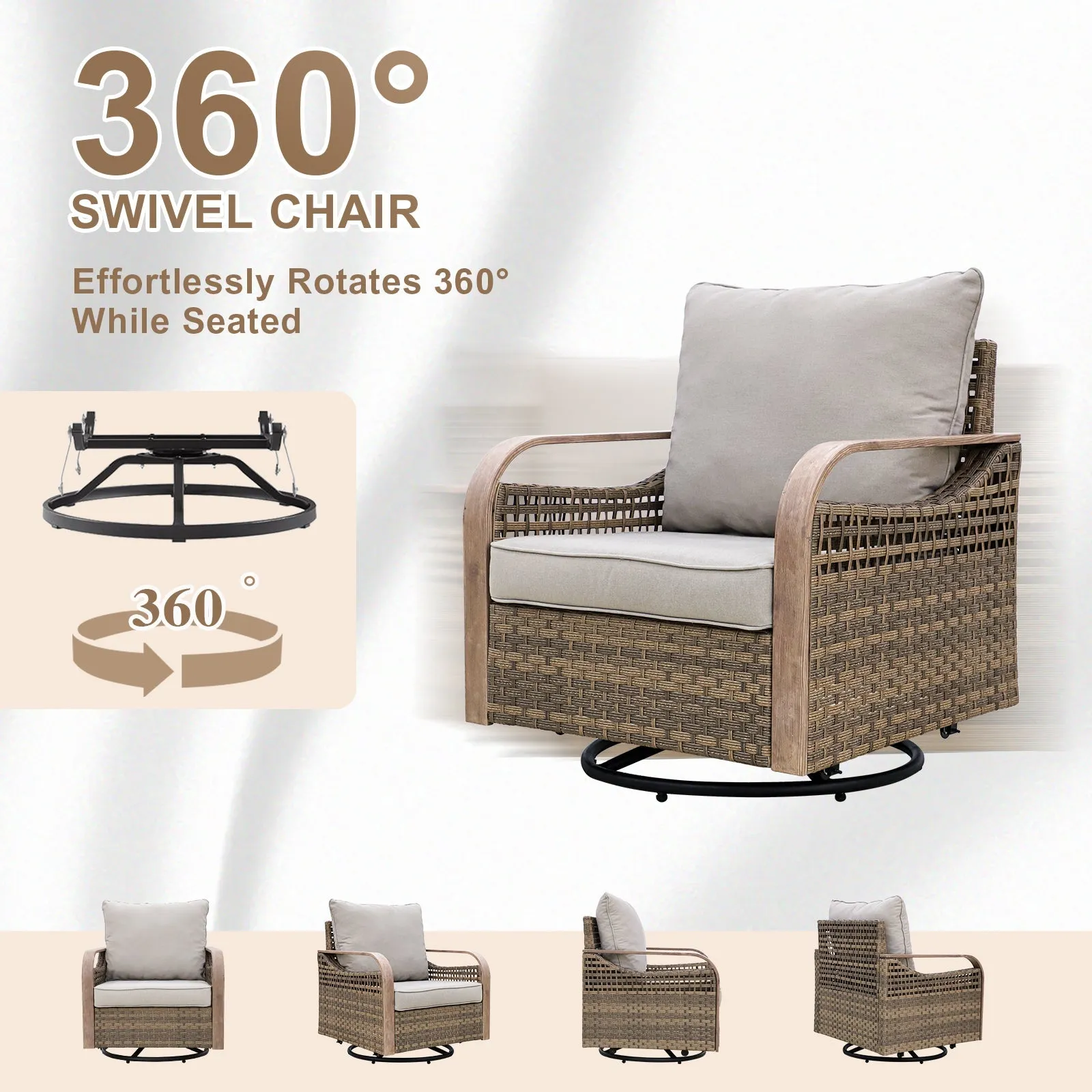 EAGLE PEAK 5 Piece Wicker Outdoor Patio Furniture Set, Patio Set with 2 Swivel Rocking Chairs, 2 Seat Loveseat Sofa, Coffee Table, and Side Table, Brown/Gray