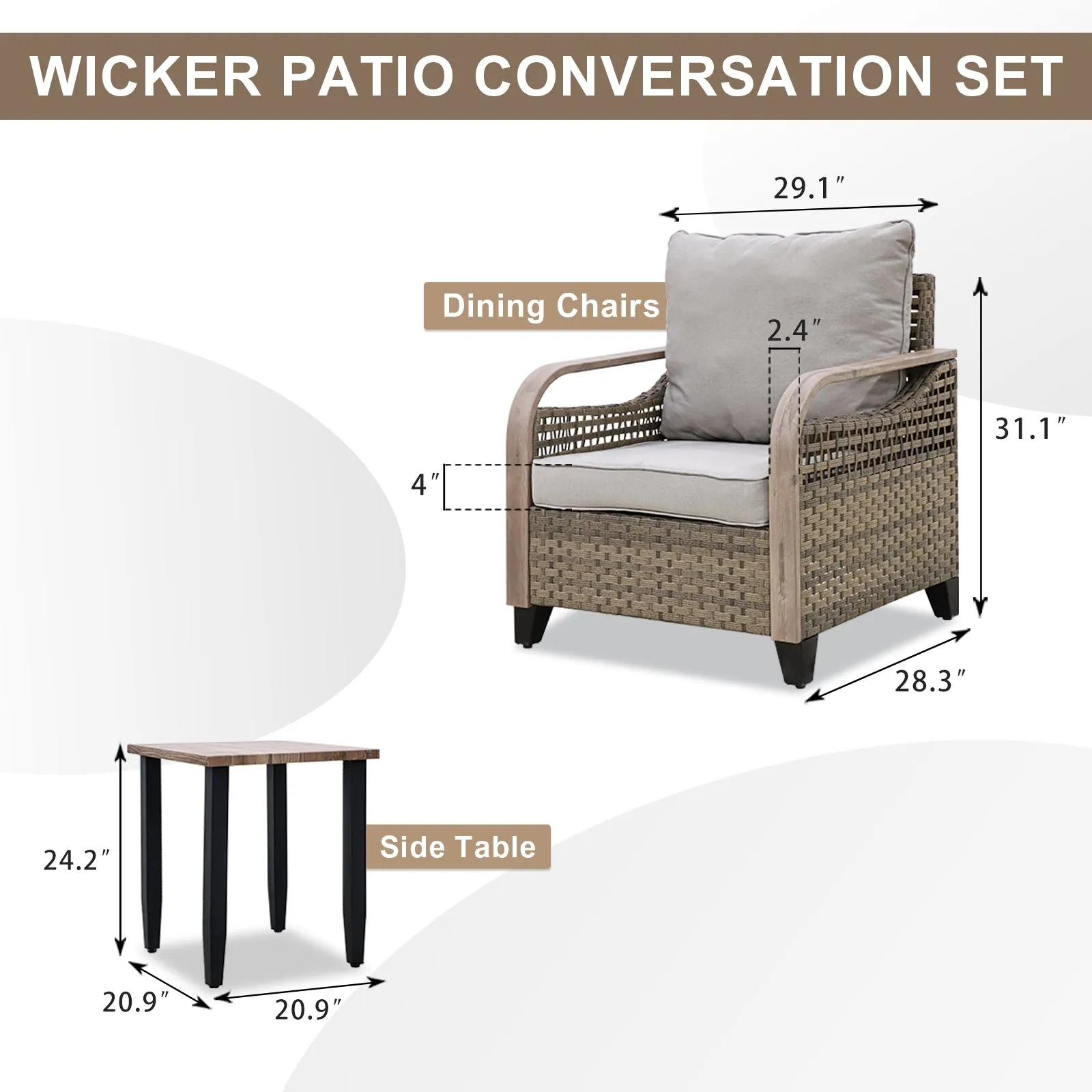 EAGLE PEAK Wicker Bistro Table and Chairs Set of 3, Outdoor Bistro Set, 3 Piece Patio Furniture Set w/Wicker Outdoor Chairs & Side Table, Brown/Gray