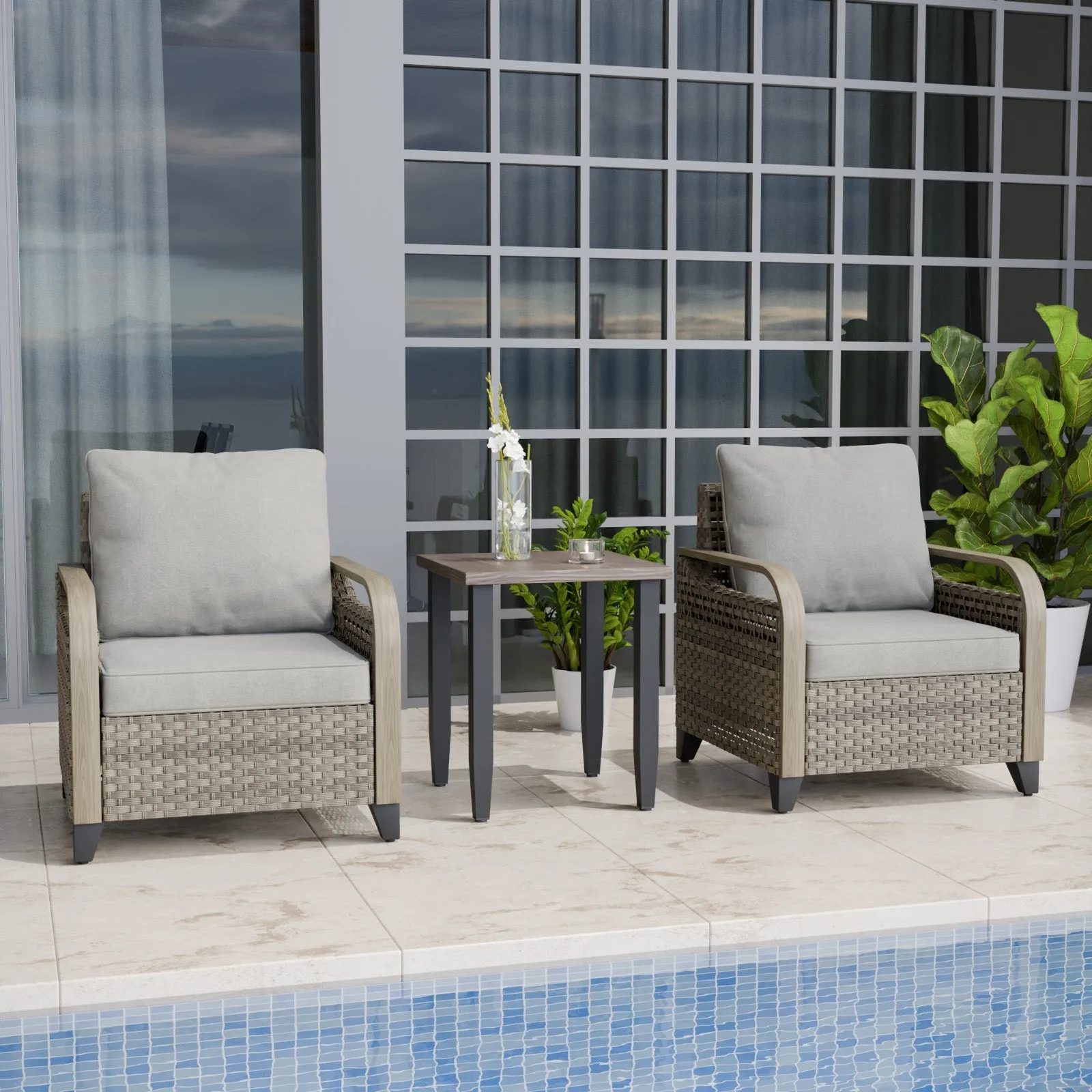 EAGLE PEAK Wicker Bistro Table and Chairs Set of 3, Outdoor Bistro Set, 3 Piece Patio Furniture Set w/Wicker Outdoor Chairs & Side Table, Brown/Gray