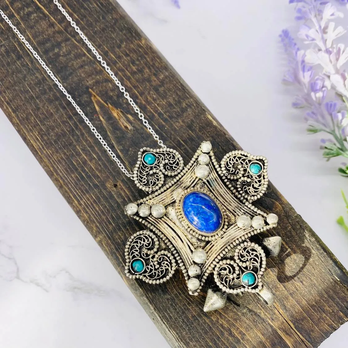 Filigree Design Pendant, Handmade Bohemian Jewelry, Tiger Eye Pendant, Lapis Lazuli Necklace, Vintage Flower Pendant, Gift For Her