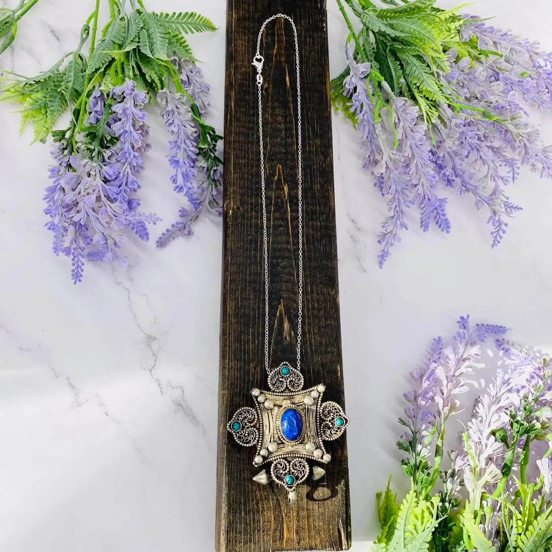 Filigree Design Pendant, Handmade Bohemian Jewelry, Tiger Eye Pendant, Lapis Lazuli Necklace, Vintage Flower Pendant, Gift For Her