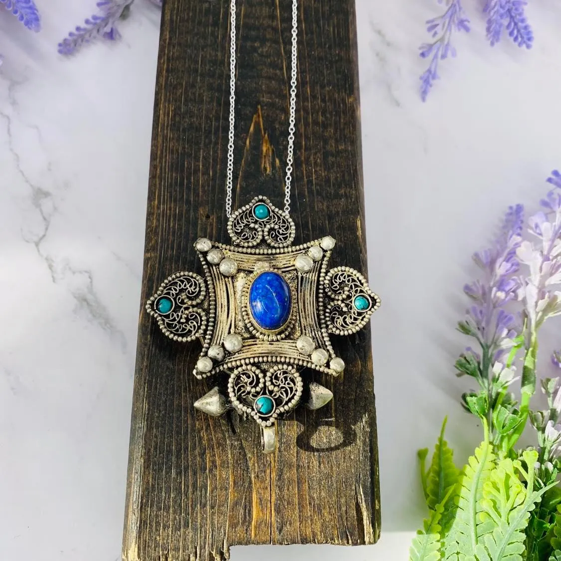 Filigree Design Pendant, Handmade Bohemian Jewelry, Tiger Eye Pendant, Lapis Lazuli Necklace, Vintage Flower Pendant, Gift For Her