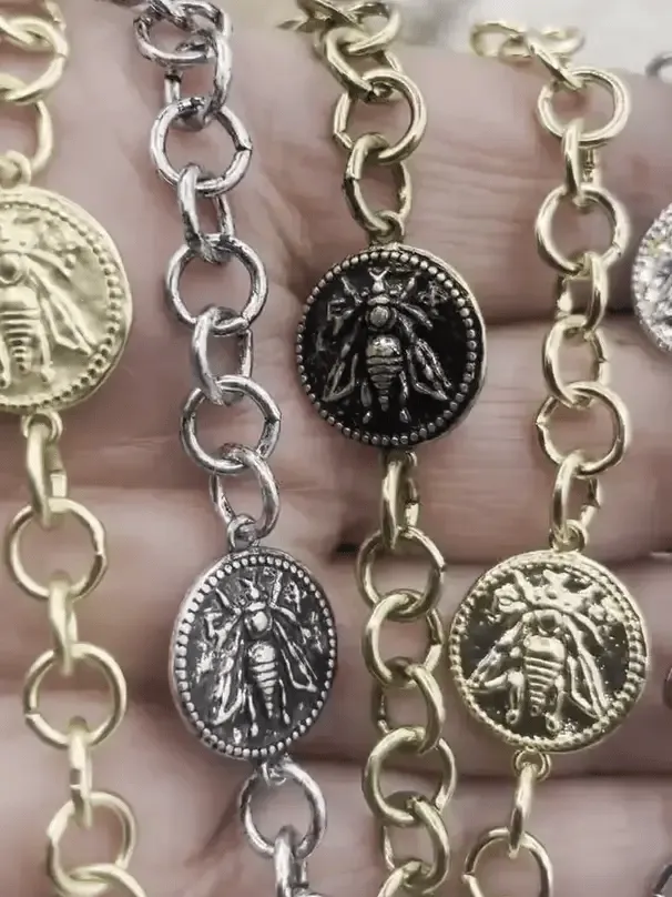 French Bee Coin Rolo Chain 14.5mm Brass Coins. Small Size Rolo Chain Base Metal, Bee and Deer Coins, Sold by the foot 5 Finishes Fast ship