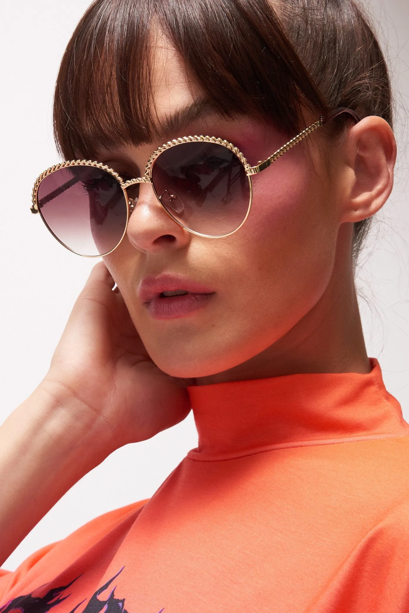 Gold Circle Sunglasses With Chain Detail