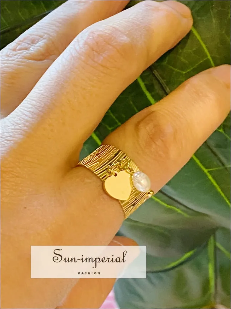 Gold-filled Cuff Dangle Ring With Heart Pendent And Pearl Detail