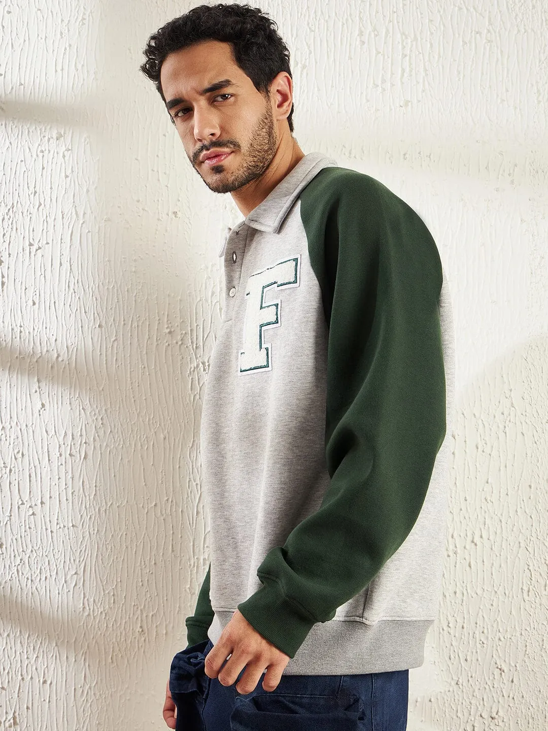 Grey And Green Letterman Raglan Polo Sweatshirt