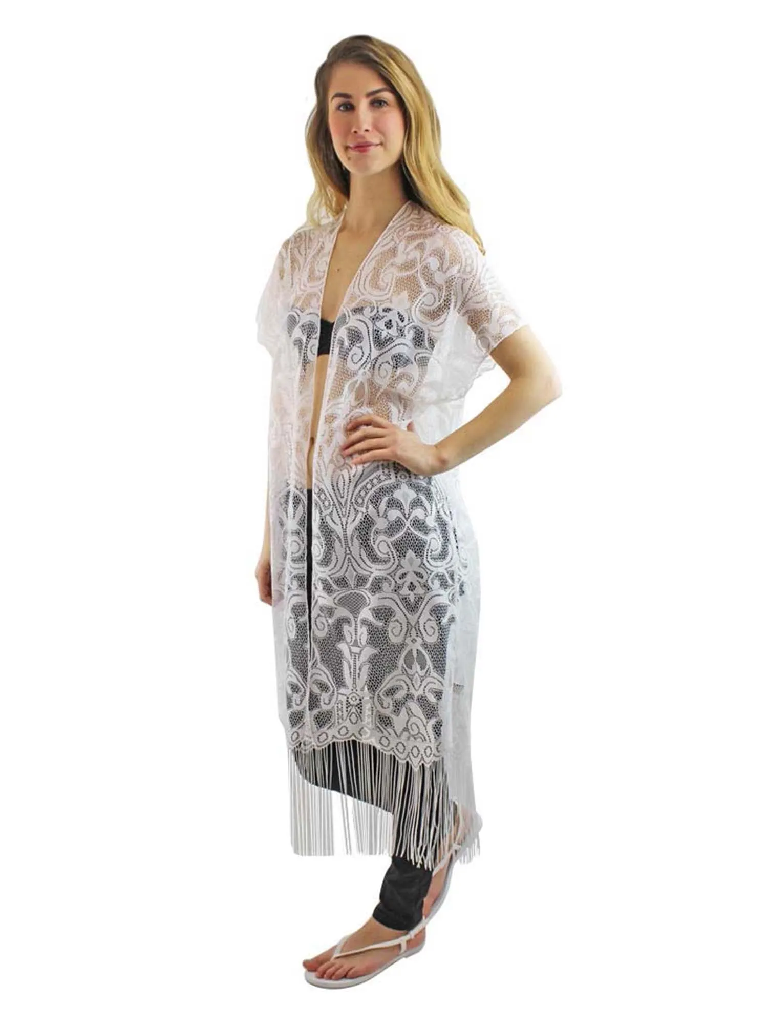 Ivory Long Lace Kimono Cover Up With Fringe