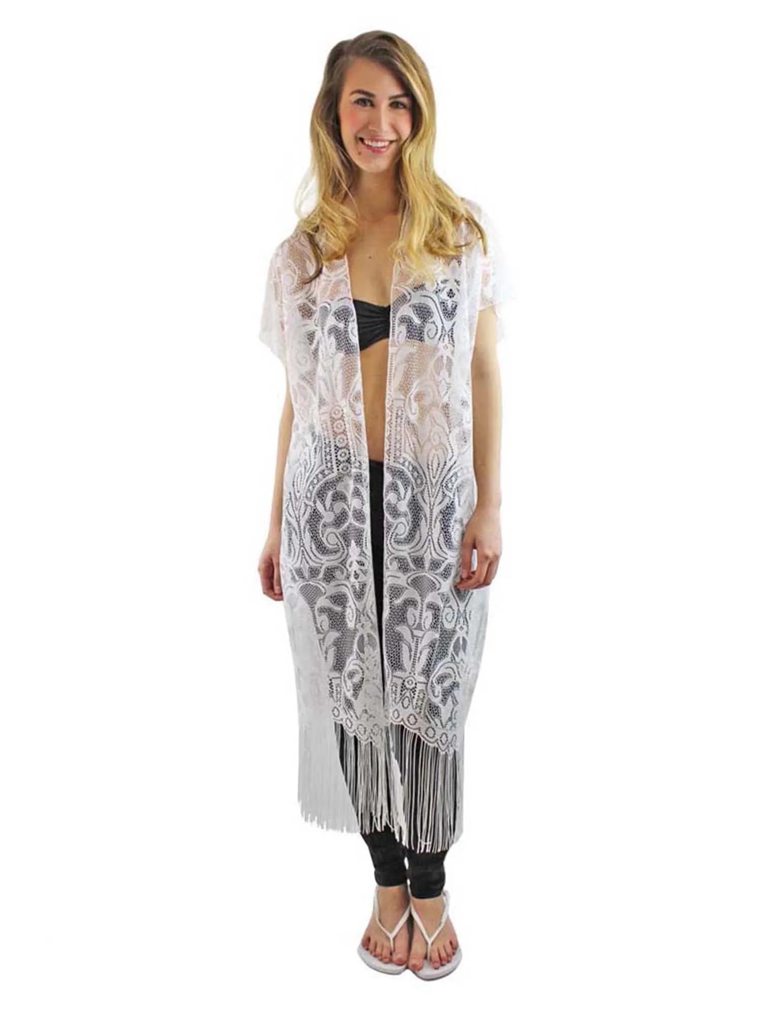 Ivory Long Lace Kimono Cover Up With Fringe