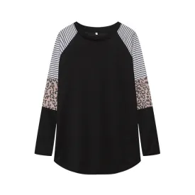 Leopard Print Colorblock Long Sleeve Top Casual Pullover