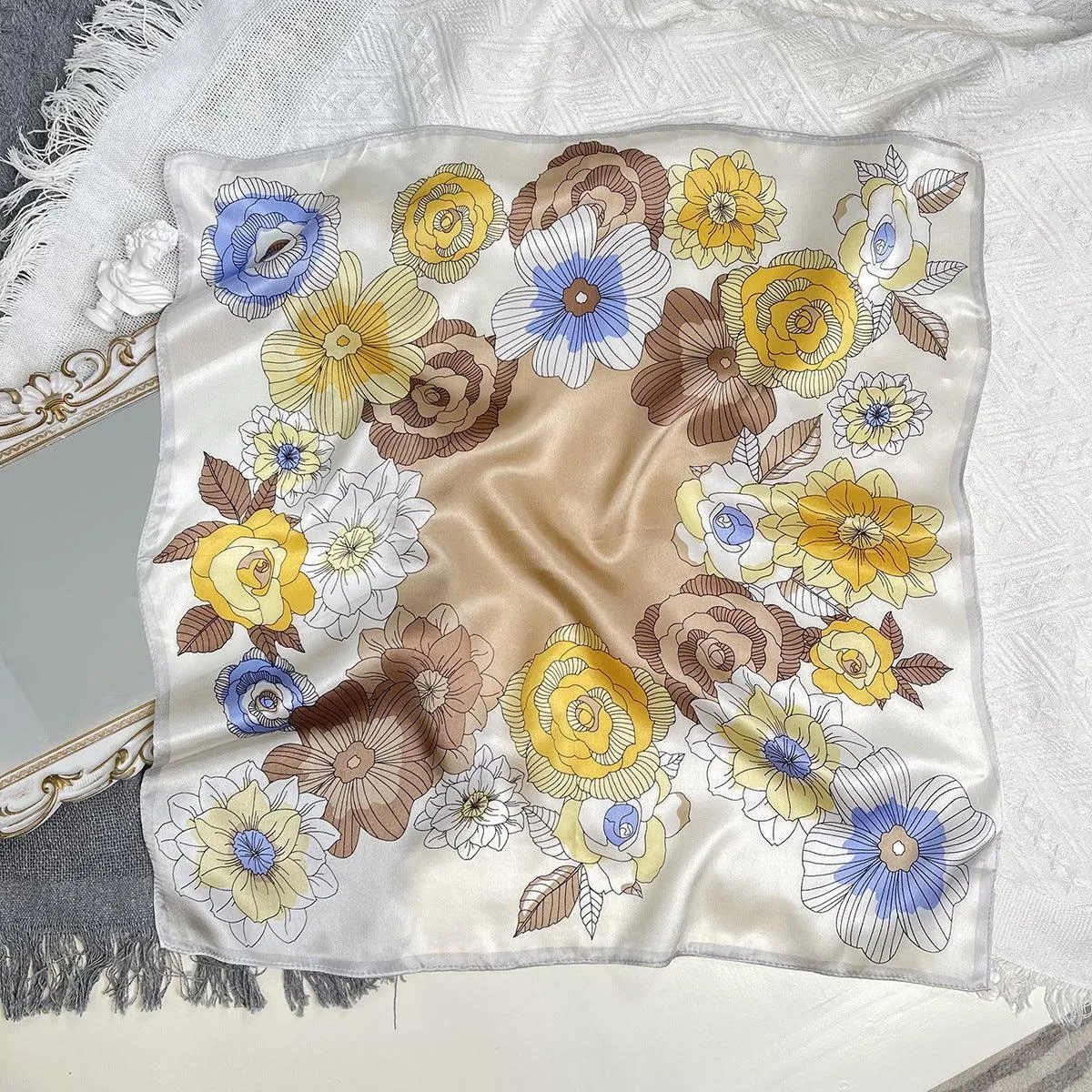 Light Color Flowers 100% mulberry Silk Scarf/Silk head scarf/Silk hair scarf/Silk neck scarf/Mother's Day Gifts/Bag Accessory/Gift for her