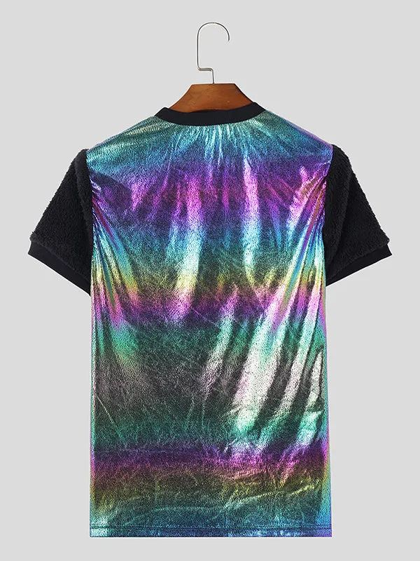 Mens Glitter Ombre Fleece Patchwork T-Shirt SKUK48483