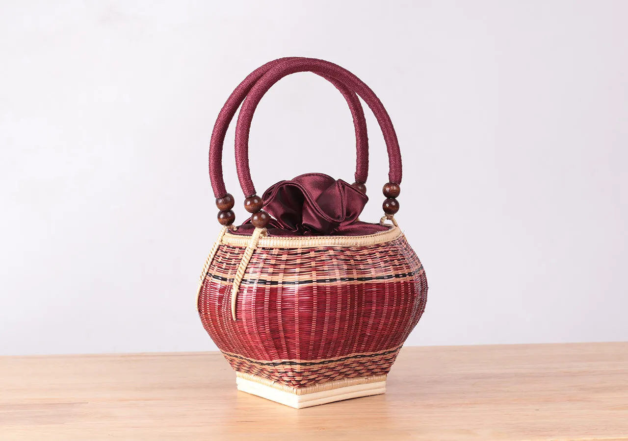 Mini Bamboo Wicker Round Handbag (Red)
