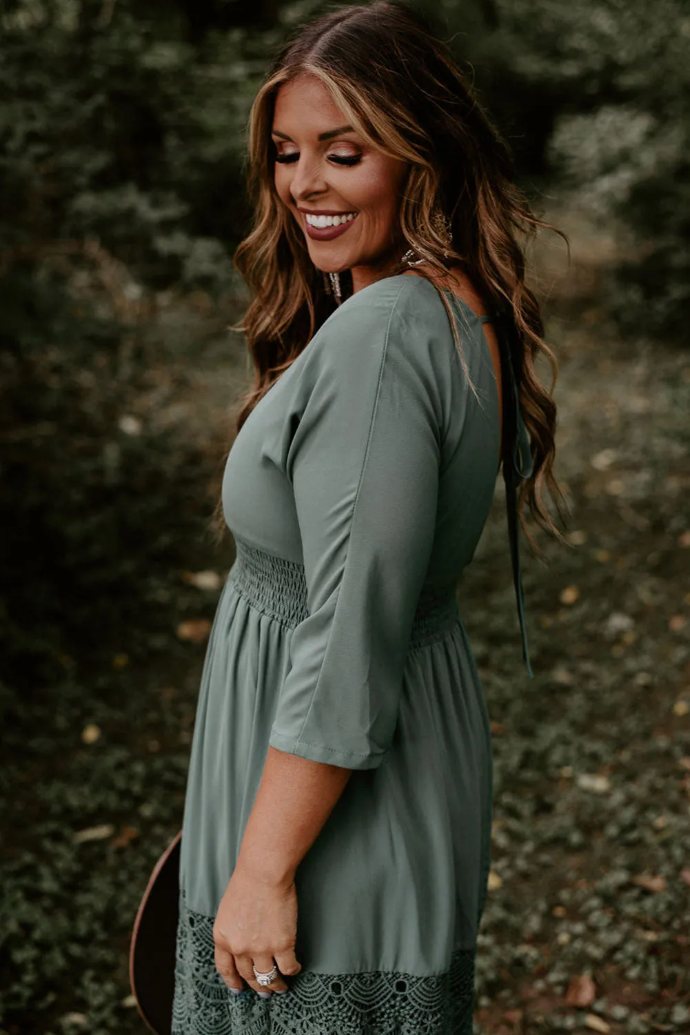 Mist Green Plus Size 3/4 Sleeve Smocked Lace Decor Maxi Dress
