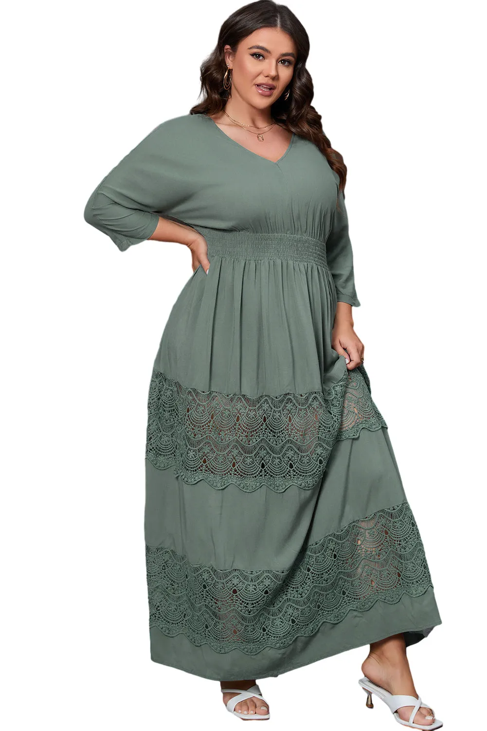 Mist Green Plus Size 3/4 Sleeve Smocked Lace Decor Maxi Dress