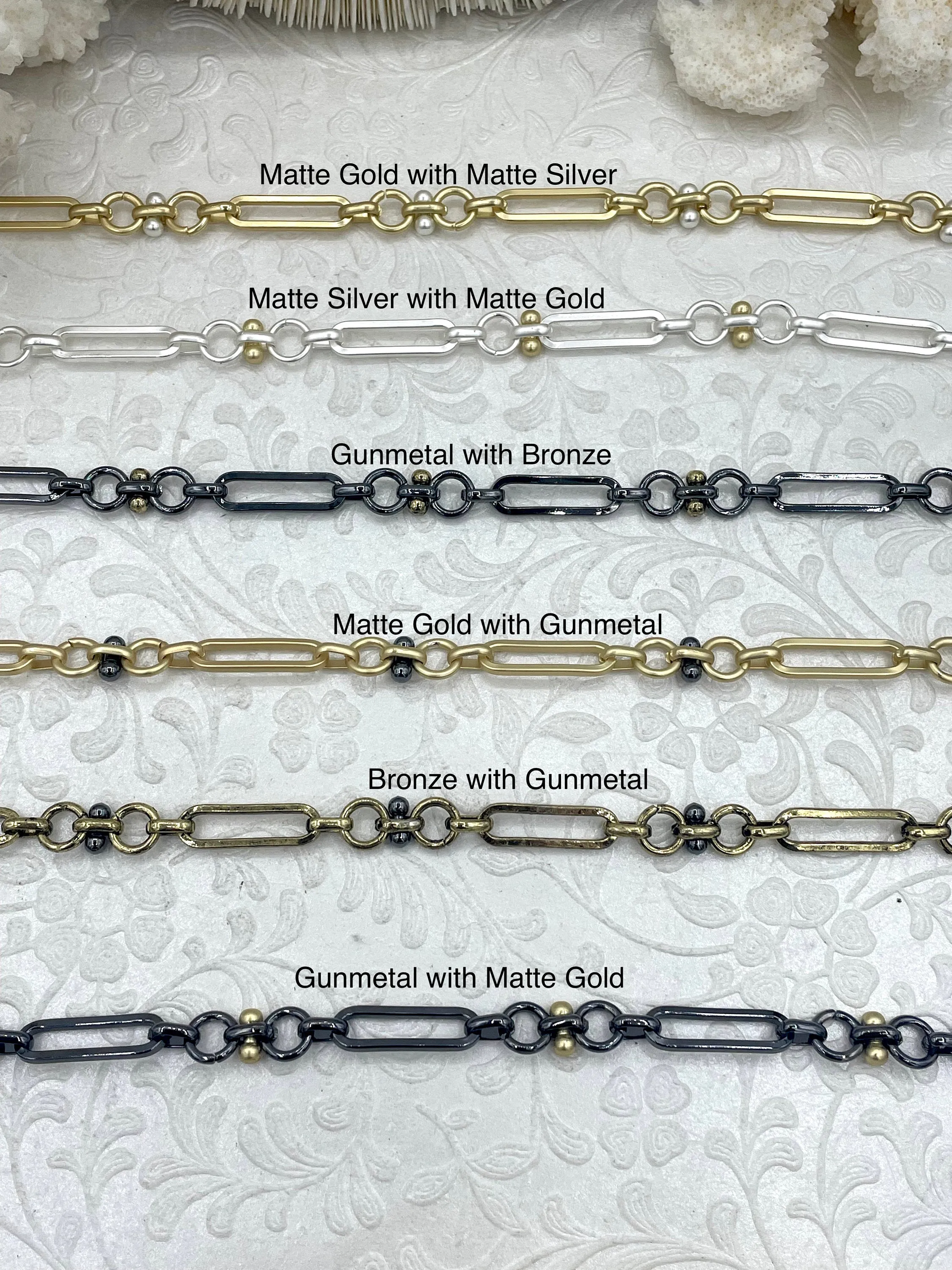 Mixed Link Mixed Metal Cable Chain, by the foot. Lg Link 22mm x 6mm, Sm links 8mm round and 7mm,Electroplated Base Metal, 8 styles,Fast ship