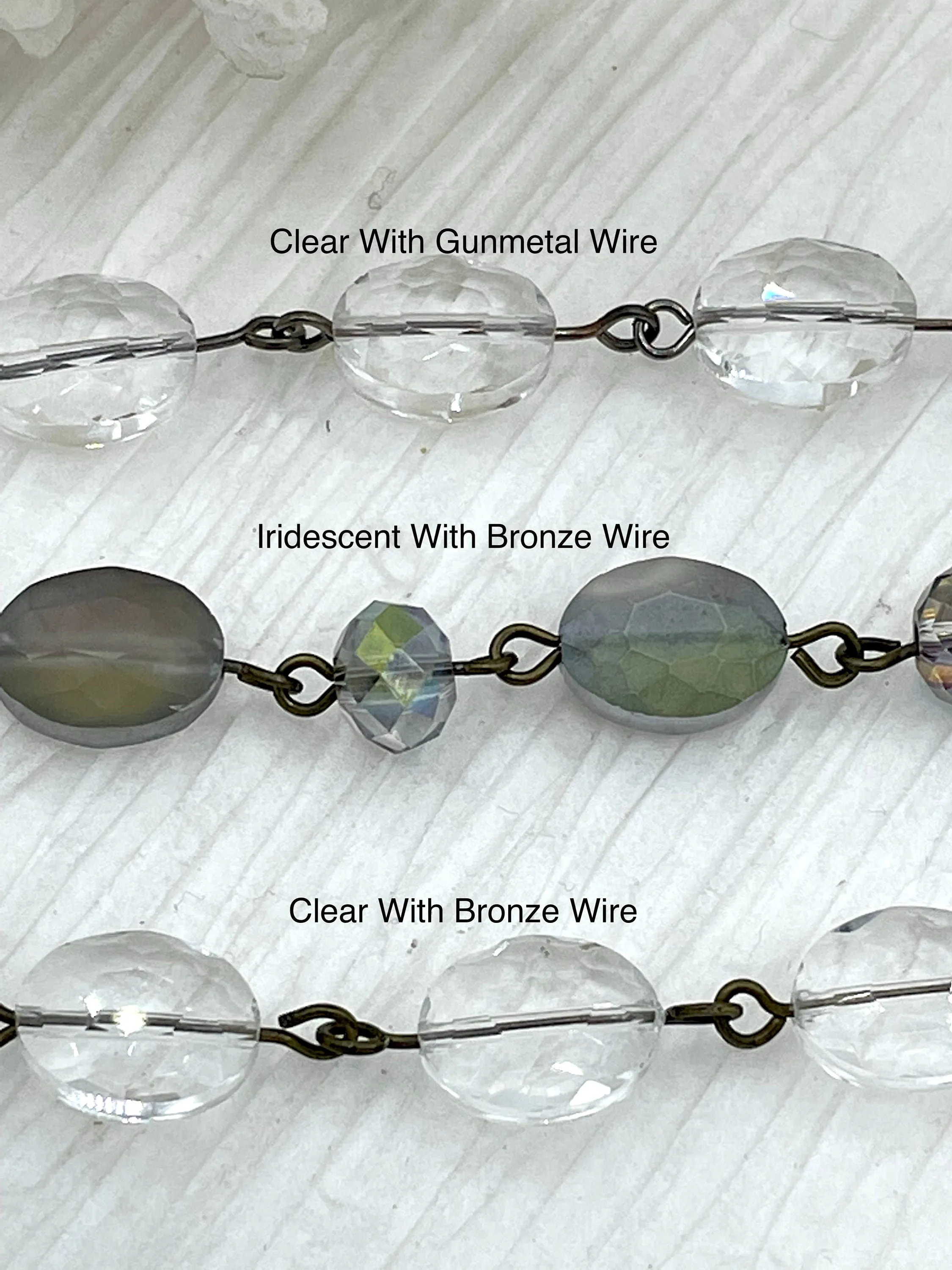 Oval Crystal Mixed Beaded Chain,12mmx9mm Rosary Chain,Clear or Iridescent Crystal, Bronze or Gunmetal Wire. Sold by the Foot Fast Shipping