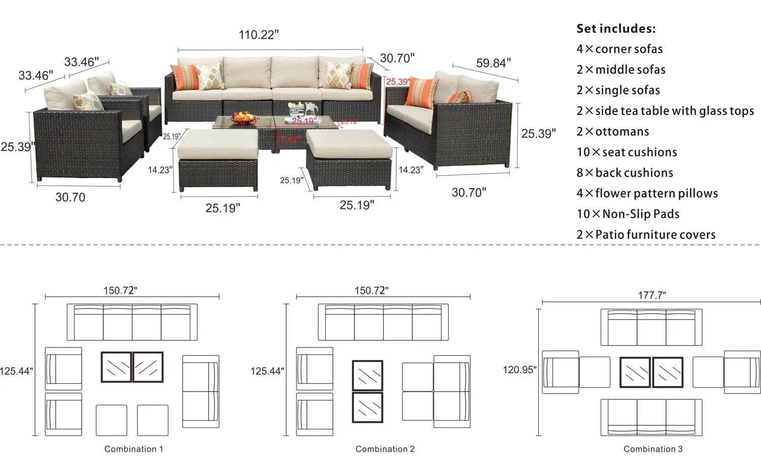 Ovios Patio Furniture Set Bigger Size Sunbrella 12-Piece, King Series, Fully Assembled, Couch is Separate