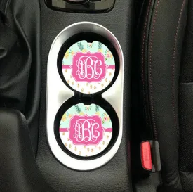 Pineapple Floral Monogram Sandstone Car Coasters