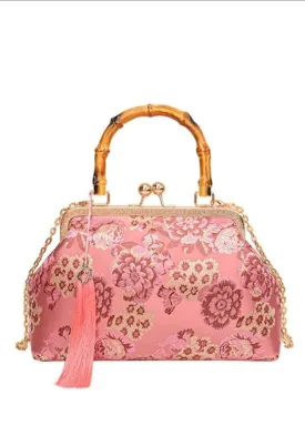 Pink Embroidered Floral Print Bamboo Handle Purse