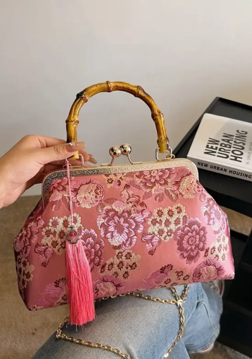 Pink Embroidered Floral Print Bamboo Handle Purse