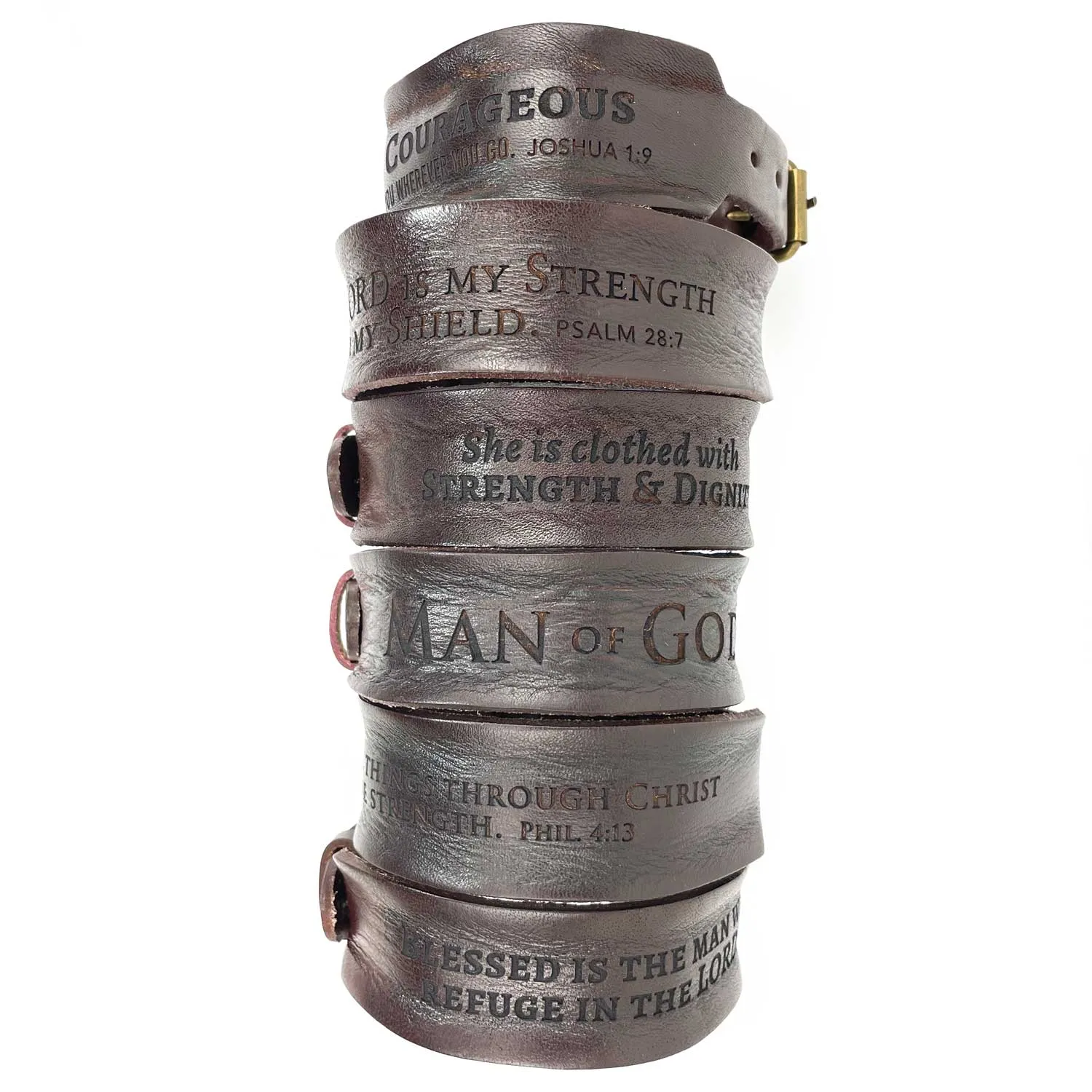 "The Lord is My Strength and My Shield" Psalm 28:7 Laser-Engraved Brown Leather Scripture Bracelet with Watch Band Clasp