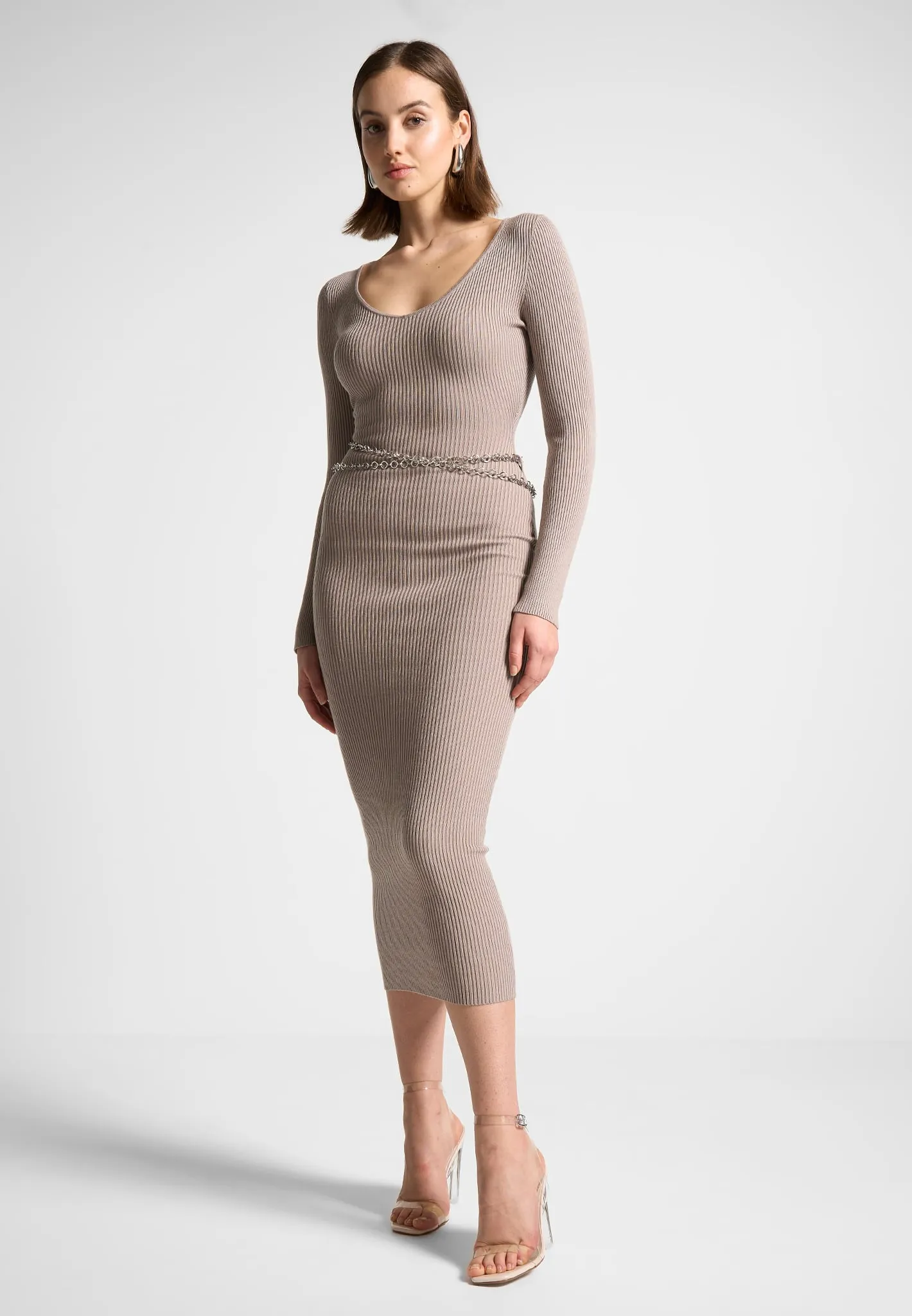 Ribbed Knit Midaxi Dress with Chain Belt - Taupe