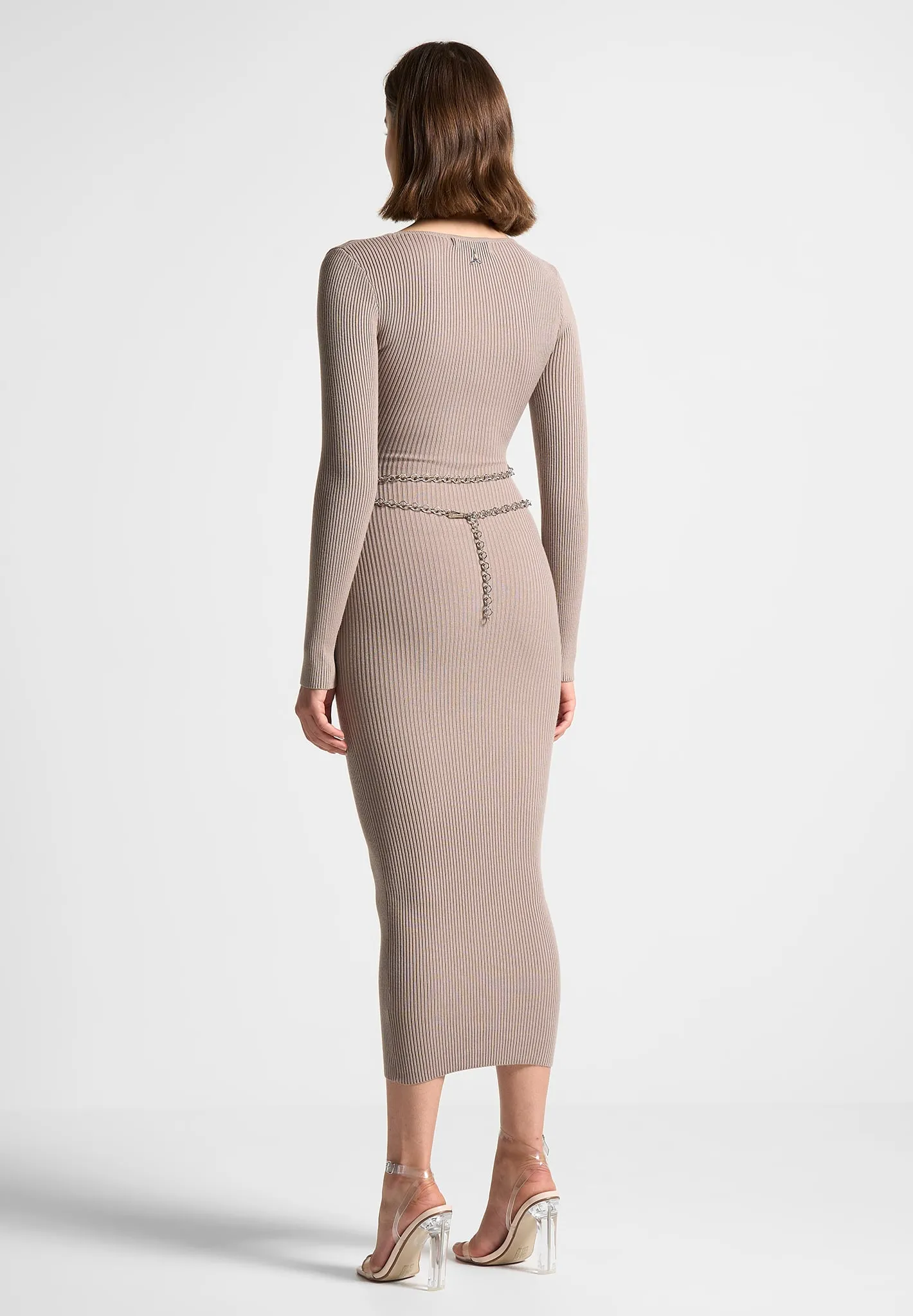 Ribbed Knit Midaxi Dress with Chain Belt - Taupe