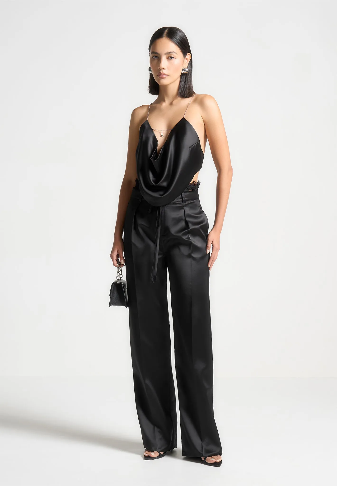 Satin Cowl Neck Top with Chain Detail - Black